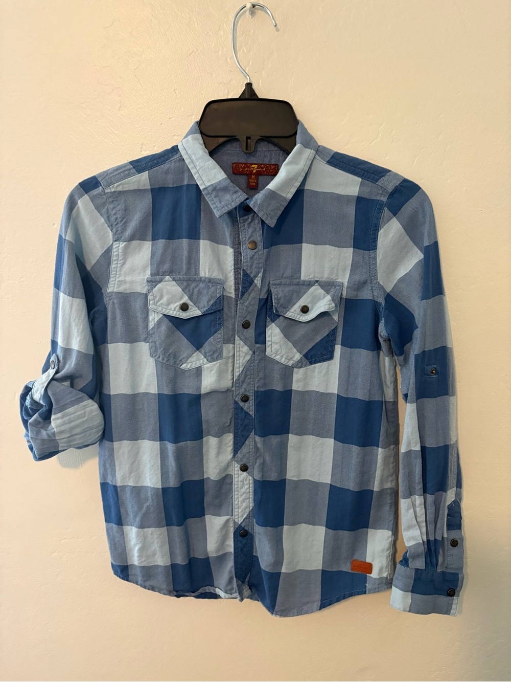 7 For All Mankind Men's Blue Check Button-Down Shirt